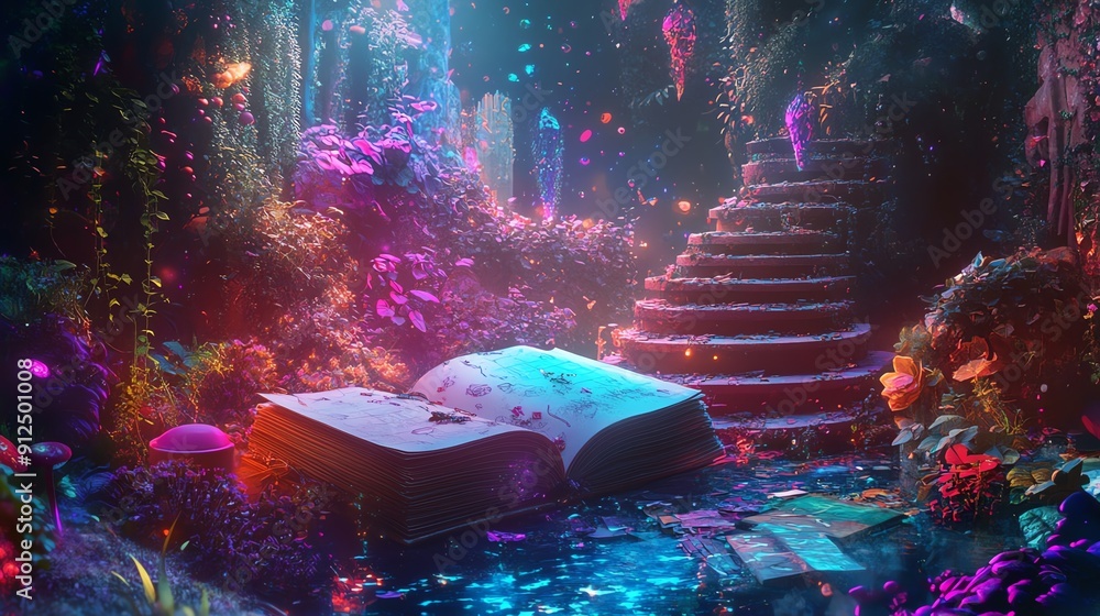 Poster a magical scene with an open book amidst vibrant flowers and glowing elements, creating an enchantin