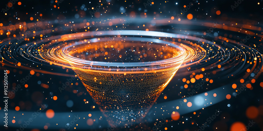 Poster futuristic digital funnel concept with glowing lines and particles. it symbolizes the flow of data, 