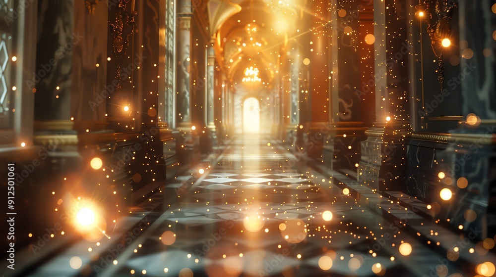 Poster a mesmerizing corridor illuminated by shimmering lights, creating a magical and enchanting atmospher