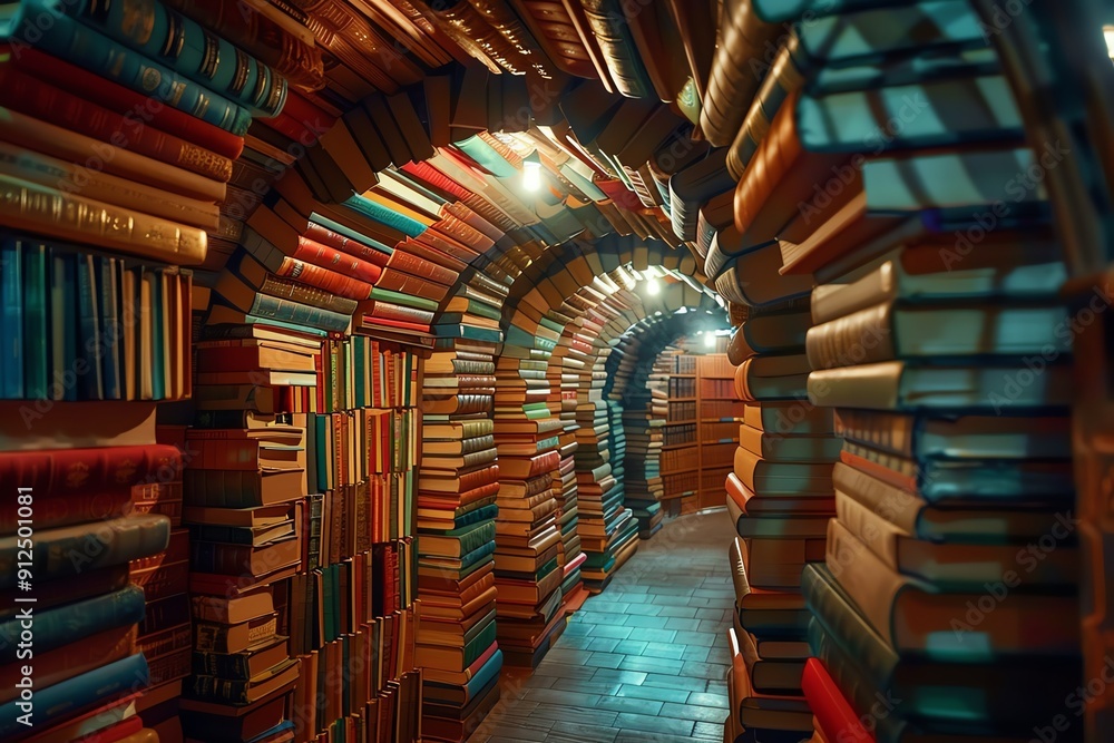 Aufkleber a mesmerizing tunnel of colorful books, creating a magical library atmosphere perfect for readers an
