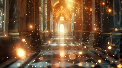 A mesmerizing corridor illuminated by shimmering lights, creating a magical and enchanting atmosphere for fantasy scenes.