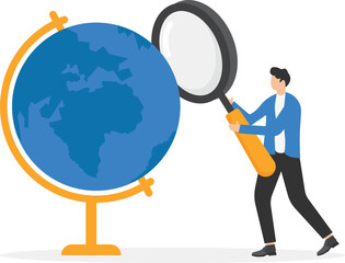 a man in a business suit with a magnifying glass in his hands looks at the globe,

