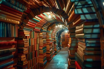 A mesmerizing tunnel of colorful books, creating a magical library atmosphere perfect for readers and dreamers alike.