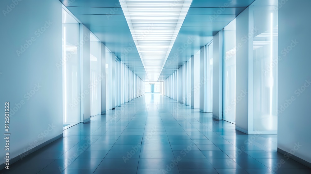 Poster a modern, illuminated corridor with sleek lines, creating a futuristic and spacious atmosphere for v