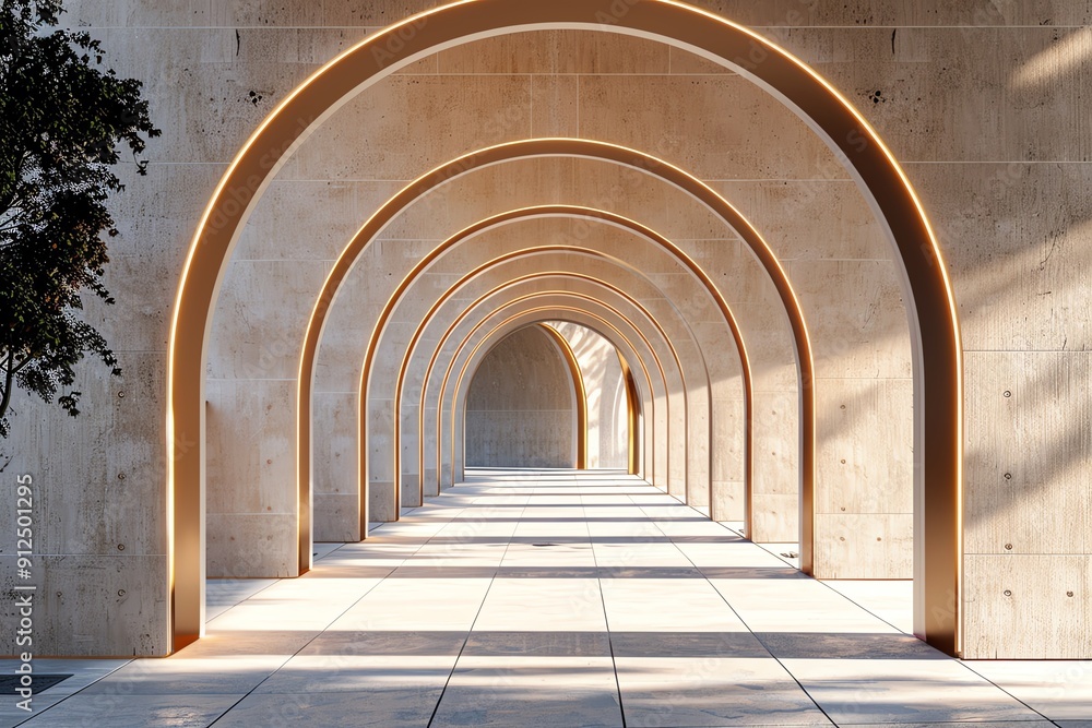 Poster a modern architectural corridor featuring multiple archways with soft lighting, ideal for design and