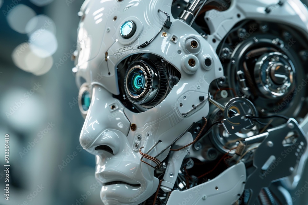 Poster white humanoid robot with exposed brain circuits is looking futuristic