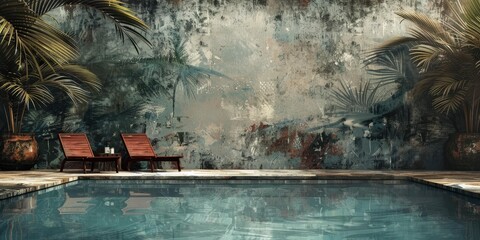 Obraz premium Palm trees, chairs, weathered wall, pool.