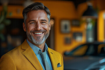 A joyful valet with a set of car keys against a solid yellow background, reflecting their eagerness to assist guests,