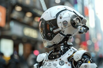 Fototapeta premium Futuristic robot wearing a helmet is exploring a city street