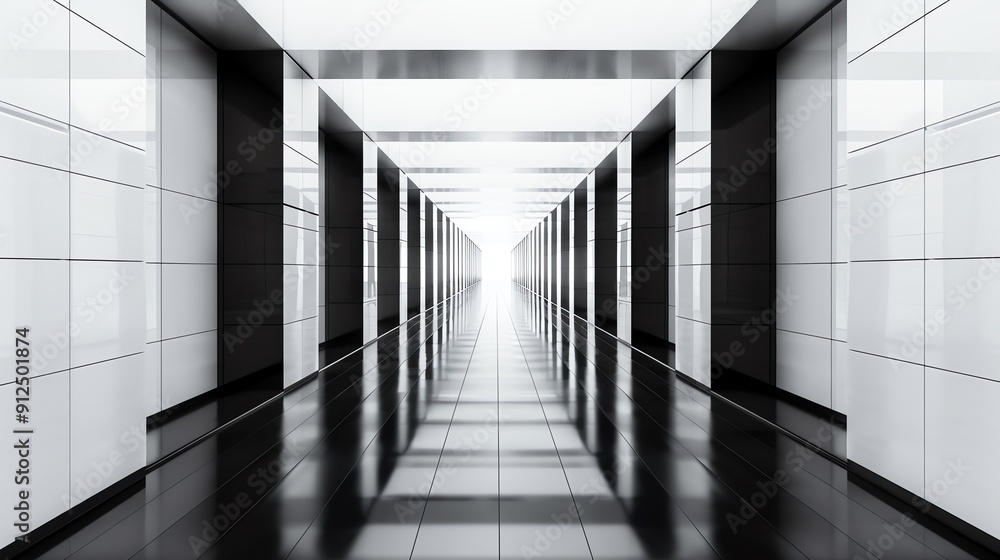 Poster a modern, minimalist hallway with sleek lines and reflective surfaces, creating an atmosphere of dep