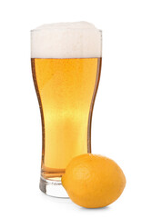 Glass of fresh light beer with lemon on white background
