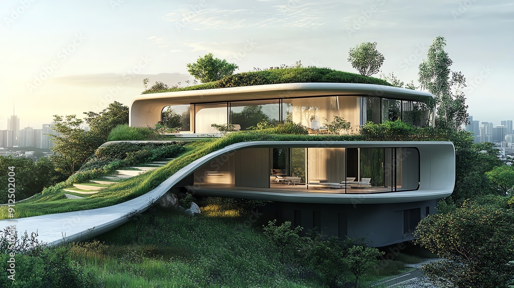 Poster a modern sustainable house with lush greenery, featuring unique architecture and harmonious integrat