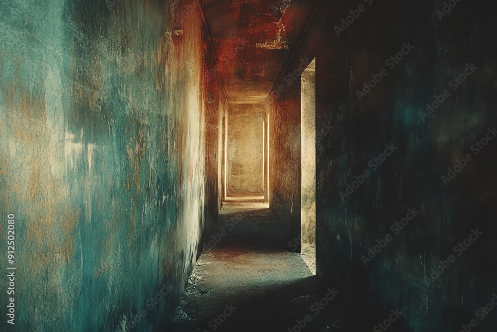 Poster a mysterious corridor illuminated by soft light, featuring textured walls and an intriguing perspect