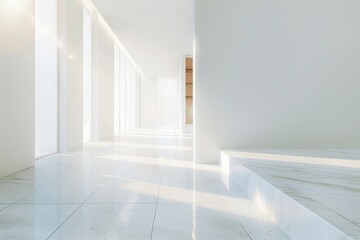 Obraz premium A modern, minimalist hallway featuring bright light streaming through large windows, creating a serene and airy atmosphere.