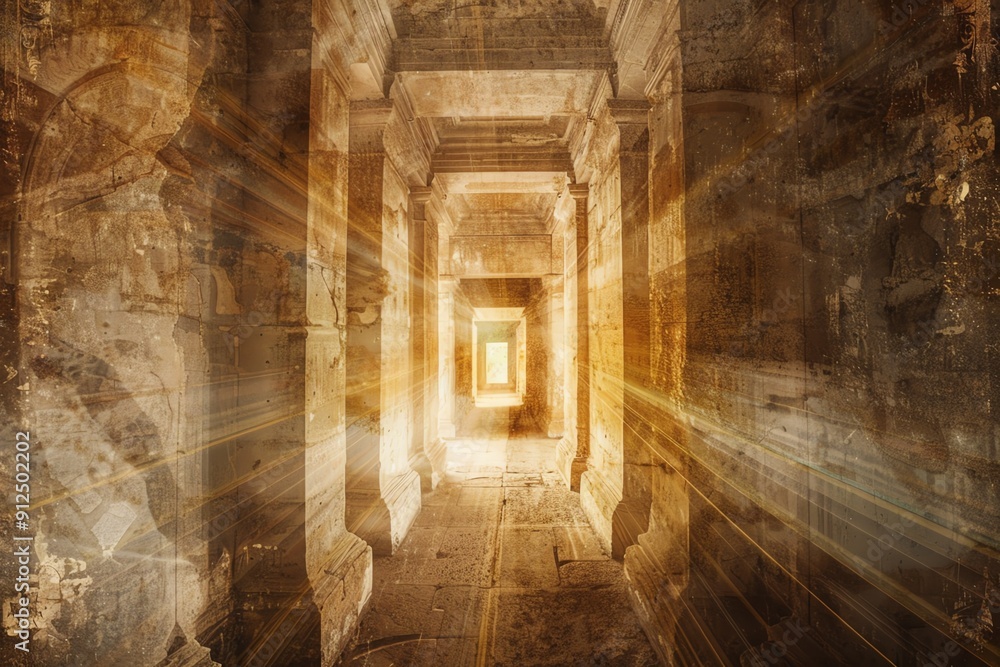 Poster a mystical corridor illuminated by golden rays, showcasing ancient architecture and an enchanting at