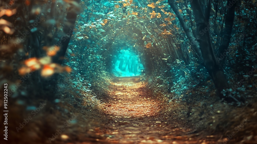 Poster a mystical forest path illuminated by ethereal light, surrounded by trees and scattered autumn leave