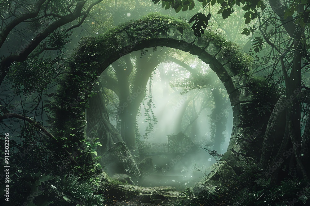 Poster a mystical forest scene featuring a stone archway surrounded by lush greenery and soft light filteri