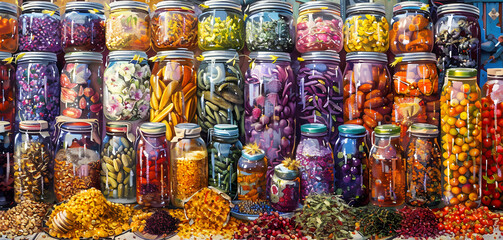 Farmer's market bounty. Colorful array of fresh produce. Artisanal bread and local honey jars. 