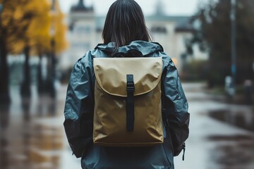 A person in a raincoat stands outdoors with a stylish backpack, surrounded by a serene, rainy urban setting. Perfect for travel themes.
