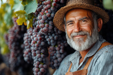 Obraz premium A smiling farmer pruning grapevines in a lush vineyard, with ripe grapes hanging in clusters,