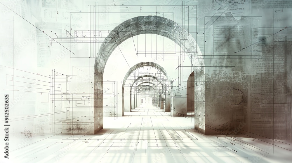 Aufkleber a serene architectural space featuring abstract arches and light, blending modern design with a touc