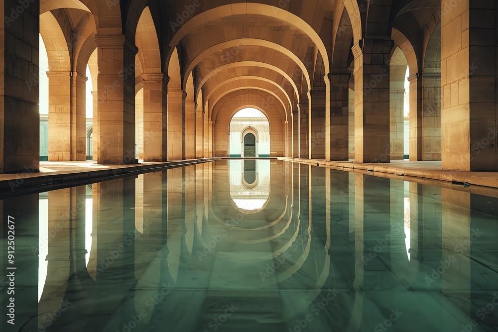 Poster a serene architectural space featuring arched columns reflecting in tranquil water, creating a peace