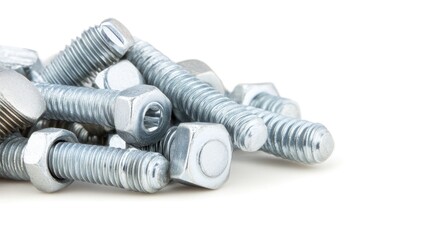 Collection of Metallic Bolts and Nuts Stacked on a White Background