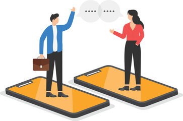 on the smartphone are a man and a woman in business suits and chatting, conversation and correspondence in chat

