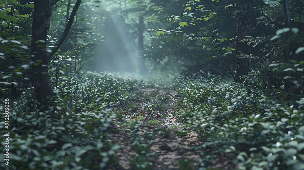 Poster a serene forest path illuminated by soft sunlight breaking through the trees, creating an enchanting