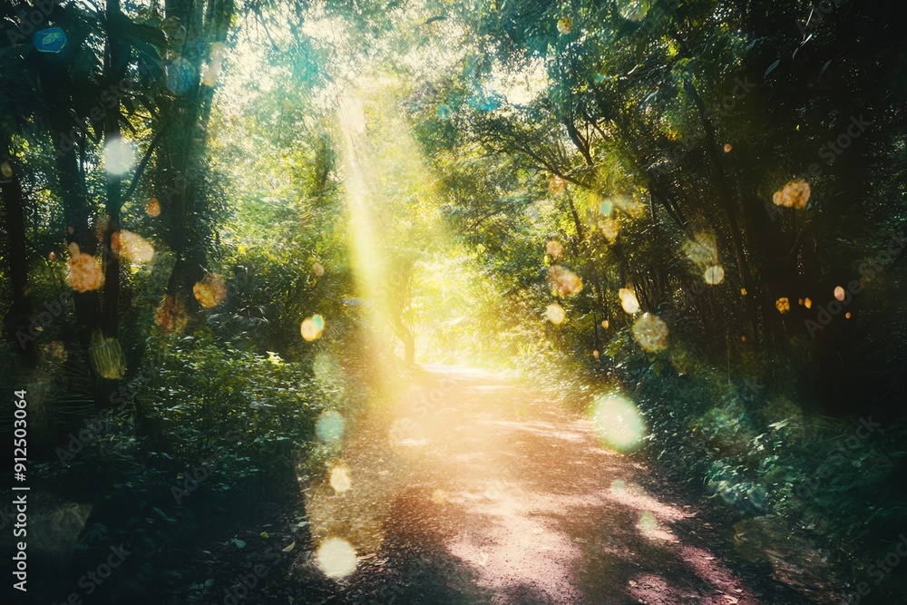 Poster a serene forest pathway illuminated by soft sunlight, surrounded by lush greenery and sparkling boke