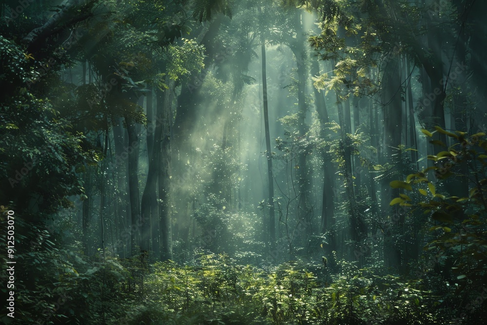 Aufkleber a serene forest scene with sunlight filtering through lush greenery, creating a tranquil atmosphere 