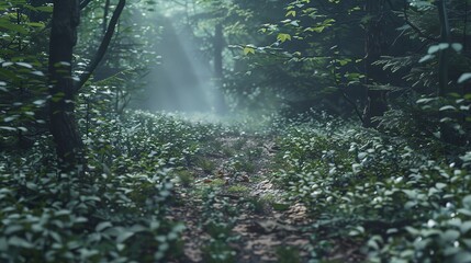Fototapeta premium A serene forest path illuminated by soft sunlight breaking through the trees, creating an enchanting atmosphere.