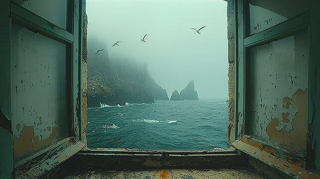 Fototapeta photo of the sea view from the lighthouse window. window over the entire image. in the window you can see mountains, fog and ships, seagulls in the sky 