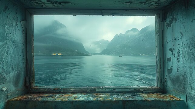 Fototapeta photo of the sea view from the lighthouse window. window over the entire image. in the window you can see mountains, fog and ships, seagulls in the sky 