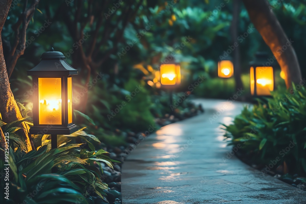 Poster a serene illuminated pathway lined with lanterns, surrounded by lush greenery, creating a tranquil e