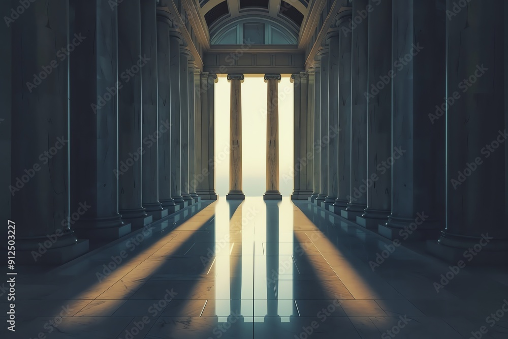 Poster a serene interior view showcasing grand columns illuminated by sunlight, creating a tranquil atmosph