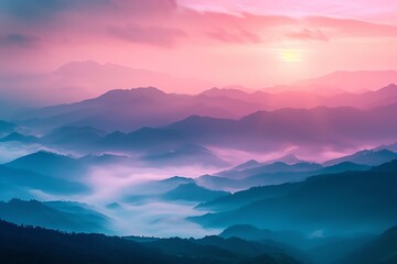 Fototapeta premium A serene landscape showcasing vibrant mountains at sunrise, enveloped in mist and soft pastel hues, ideal for nature-themed projects.
