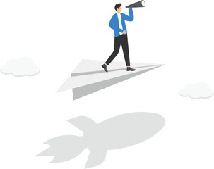 Obraz premium a man with spread arms flies on a paper airplane and underneath is the shadow of a rocket,