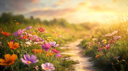 A serene pathway through a vibrant flower field basking in warm sunlight, inviting tranquility and natural beauty.