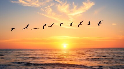 A serene sunset over the ocean with birds flying gracefully across the sky, creating a peaceful coastal atmosphere.