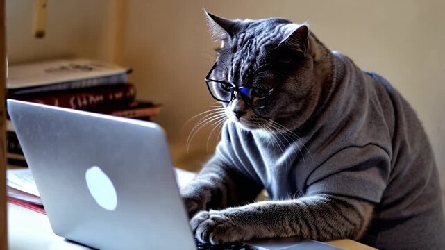 Clever Cat Types Away on Laptop With Glasses in Cozy Indoor Setting. Generative AI