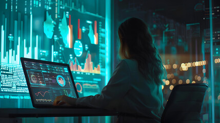 Female system engineer working on laptop in modern office. displaying graphic and data visualizations of network traffic and security statues on large digital screen 