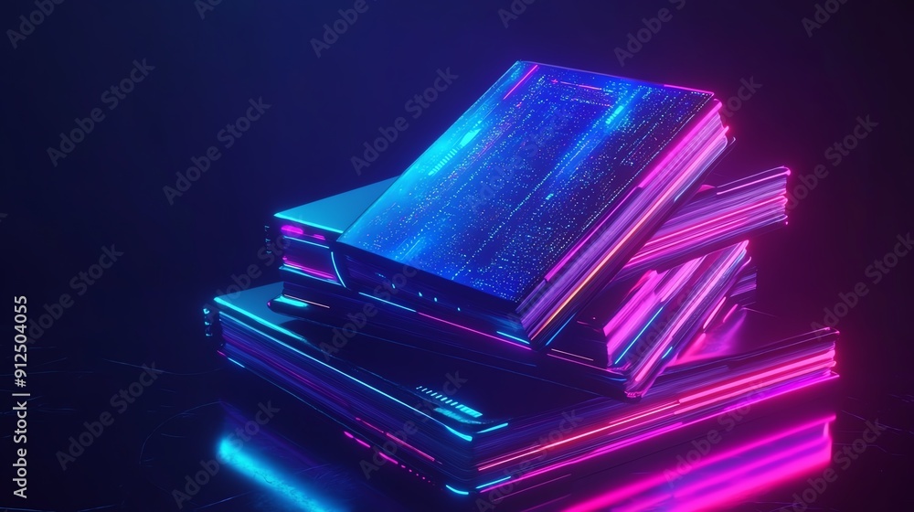 Poster a set of neon-lit books stacked at various angles, creating a vibrant and futuristic atmosphere.
