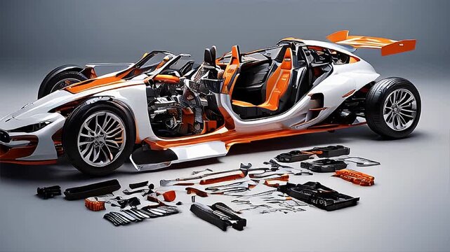 The image features a detailed cutaway view of a car, showcasing its internal structure and components. The car's body is partially assembled, with doors, wheels, and various other parts on the floor.