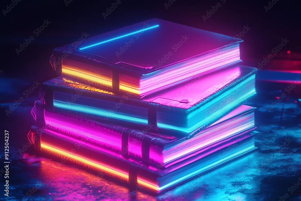 Aufkleber a stack of illuminated books with vibrant neon colors, creating a captivating and artistic atmospher