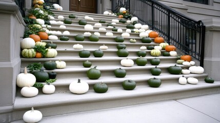 Vibrant Autumn Display of Various Pumpkins on Stone Steps at Dusk