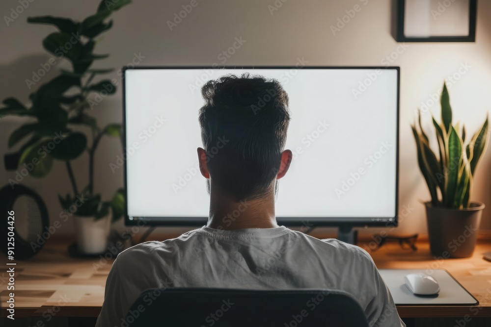 Poster man working on his computer at home