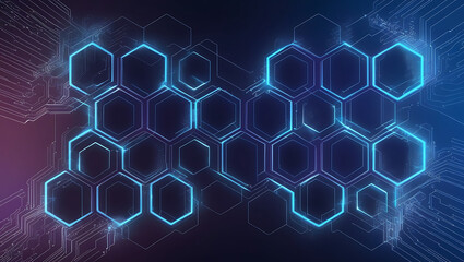 A mesmerizing abstract background depicting an intricate hexagonal network of interconnected nodes, resembling a technological honeycomb, set against a rich, dark blue to purple gradient that evokes a
