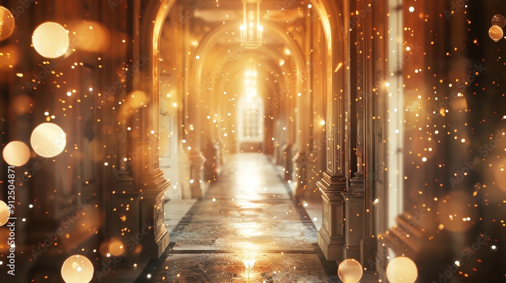 Poster a stunning hallway adorned with warm light and shimmering particles, creating a magical and enchanti