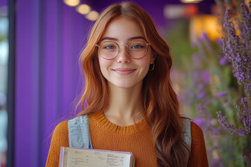A joyful social worker holding a training manual against a bright purple background, reflecting their commitment to professional development,